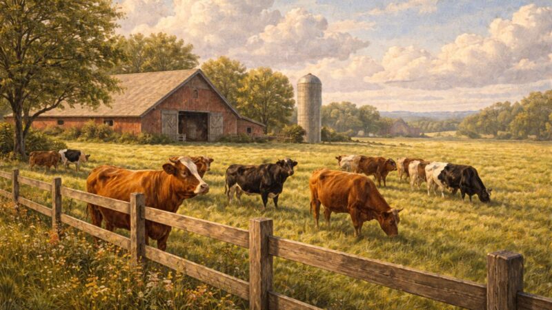 Cattle graze in a fenced pasture near a red barn and silo under a wide sky on a sunlit New England farm.