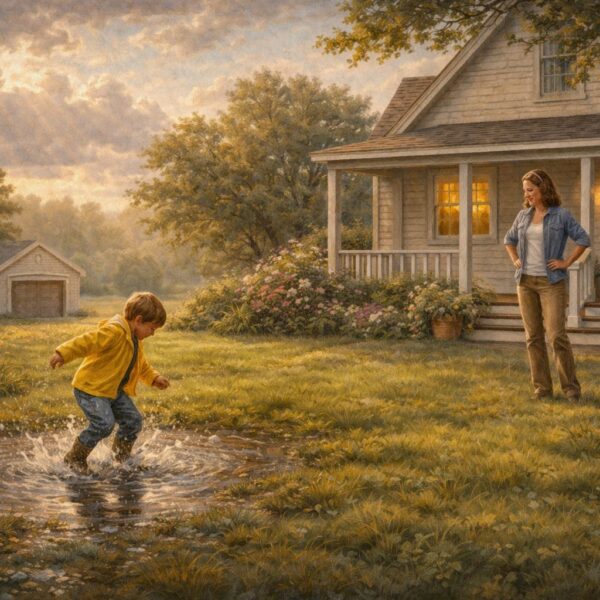 Child splashing in a rain puddle while mother stands in the yard watching in front of a New England home under clearing late afternoon skies.