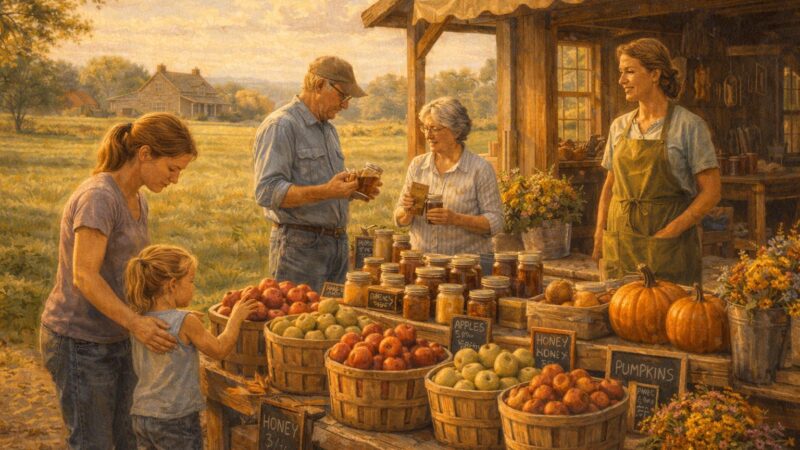 Farm stand owner attentively serving customers browsing apples, honey, and pumpkins on a warm late summer afternoon.