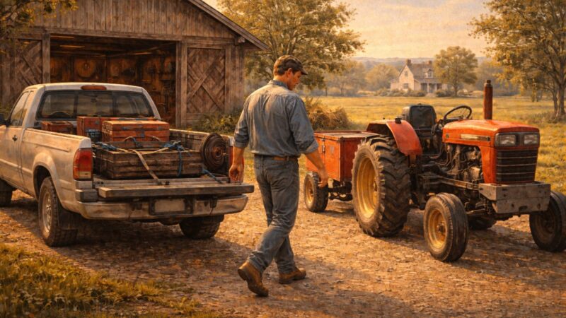 A farmer walks between a pickup truck and a red tractor, inspecting equipment in a farmyard near a barn on a warm autumn afternoon.
