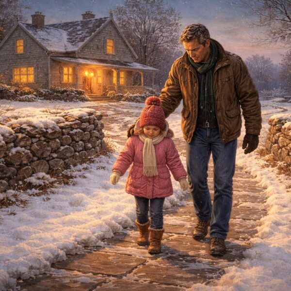 Father gently steadying his daughter as they walk across a snow-dusted stone path toward a glowing farmhouse at winter dusk.