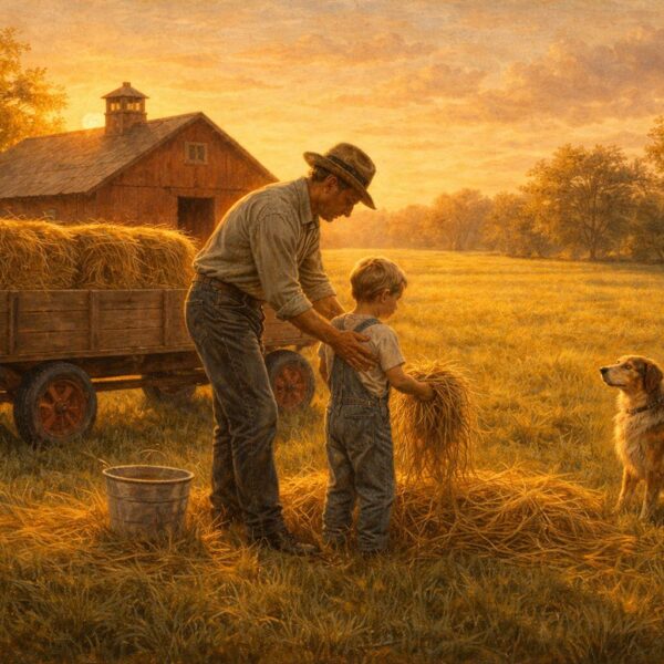 A nostalgic oil painting of a father and young son stacking hay at dawn beside a red barn on a Connecticut farm, with golden light, cool mist, and a dog watching nearby.