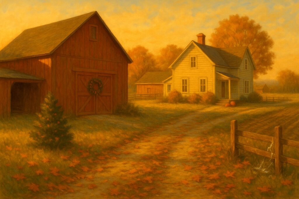Oil painting of a New England farm in late autumn with golden-hour light, a red barn with a harvest wreath, scattered orange leaves on a gravel path, and a farmhouse surrounded by warm fall colors.