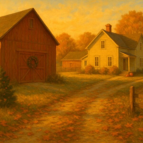 Oil painting of a New England farm in late autumn with golden-hour light, a red barn with a harvest wreath, scattered orange leaves on a gravel path, and a farmhouse surrounded by warm fall colors.