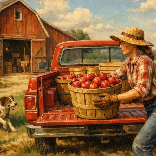 A woman in a straw hat and plaid shirt loads a wooden basket of red apples into the bed of a vintage red pickup truck while a farm dog runs nearby and a red barn stands open behind her in a warm late summer New England setting.