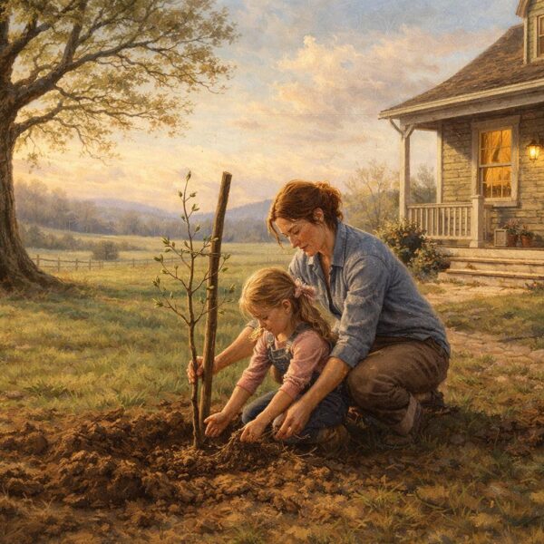 A mother kneels beside her young daughter as they plant a small tree near a farmhouse in early spring.