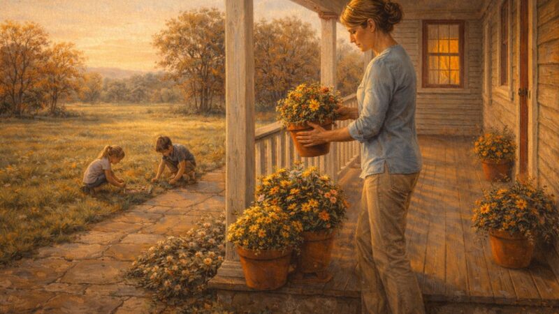 Mother adjusting terra-cotta flower pots on a farmhouse porch in late summer while children play in the yard.