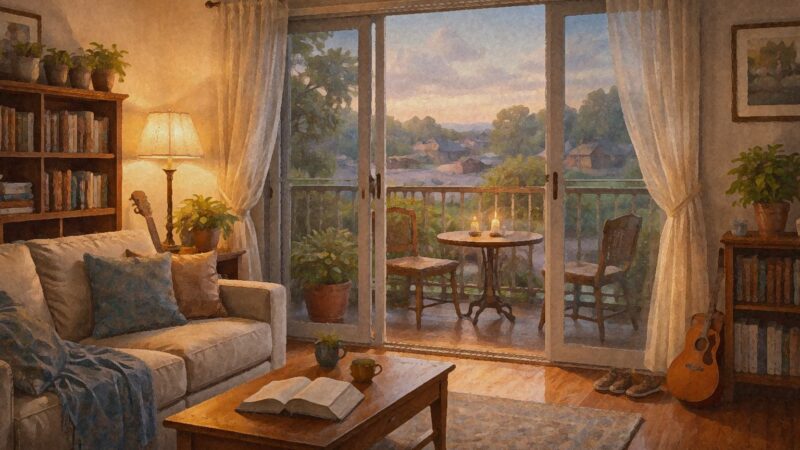 Cozy condo living room with warm lamplight and open sliding doors to a small balcony overlooking rural New England rooftops at dusk.