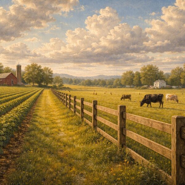 A sturdy wooden fence runs between crop fields and grazing cattle under a wide sky, with a red barn and farmhouse in the distance.