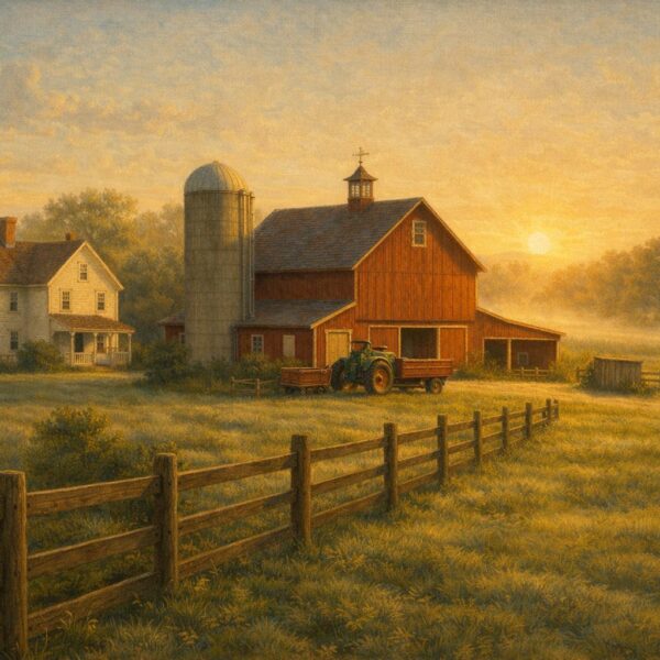 Wide view of a New England farmstead at sunrise with farmhouse, red barn, grain silo, fencing, and tractor in soft morning light.