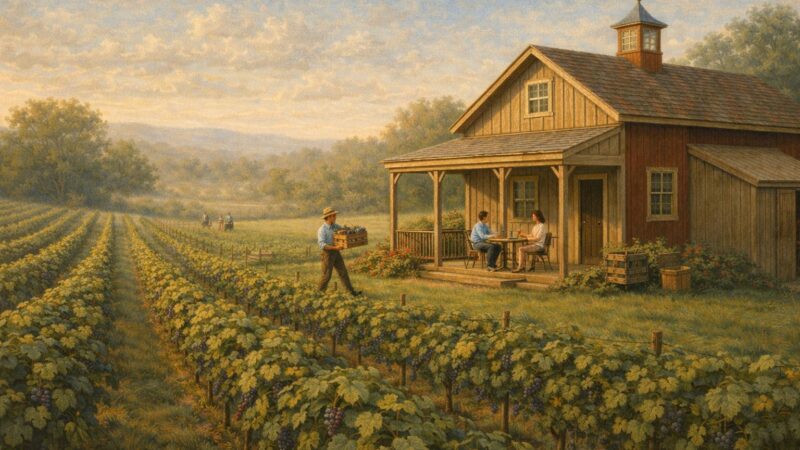 Rows of grapevines lead to a small winery building where guests sit on a porch tasting wine, while a worker carries a crate through the vineyard.