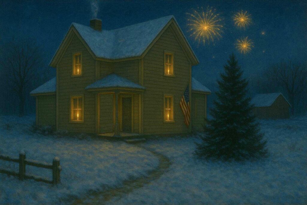 Oil painting of a quiet farmhouse on New Year’s Eve. A large evergreen tree stands decorated with lights, an American flag hangs from the porch, and a single candle glows in each window. Fireworks light the night sky above the snowy yard, creating a peaceful and celebratory winter scene.
