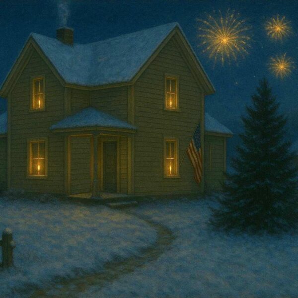 Oil painting of a quiet farmhouse on New Year’s Eve. A large evergreen tree stands decorated with lights, an American flag hangs from the porch, and a single candle glows in each window. Fireworks light the night sky above the snowy yard, creating a peaceful and celebratory winter scene.