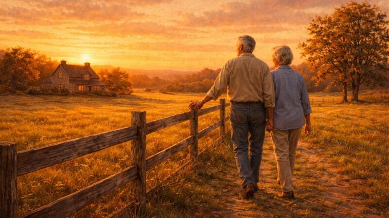 Retired couple walking beside a wooden fence at warm sunset near a rural farmhouse in late summer transitioning into early fall.