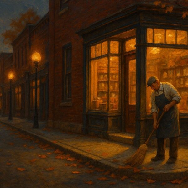 A nostalgic oil painting of a small-town Main Street at dusk in autumn, showing a shop owner sweeping the sidewalk outside a warmly lit storefront as golden light glows against cool evening tones.