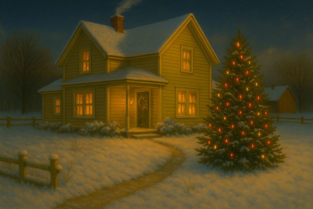 A nostalgic oil painting of a snow-covered farmhouse at night with warm glowing windows and a large Christmas tree in the front yard decorated with lights.
