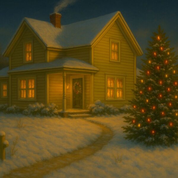 A nostalgic oil painting of a snow-covered farmhouse at night with warm glowing windows and a large Christmas tree in the front yard decorated with lights.