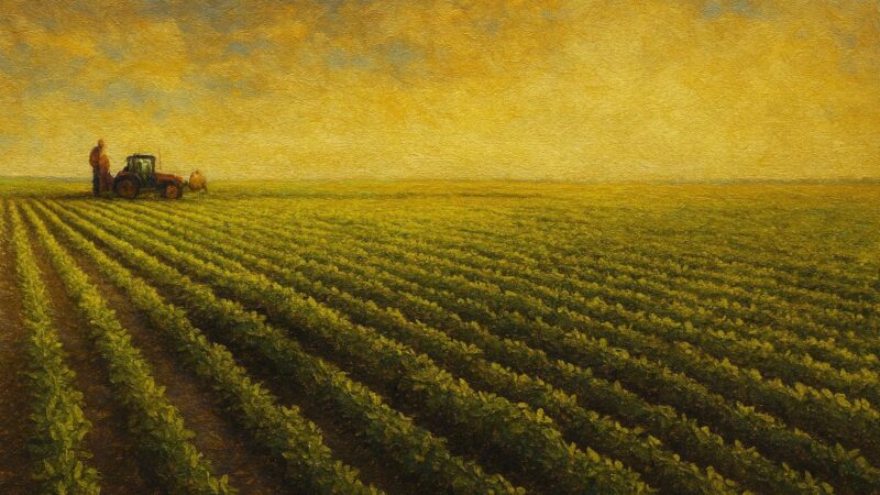 A farmer stands beside a tractor in a vast field of neat crop rows under a wide golden sunrise sky.