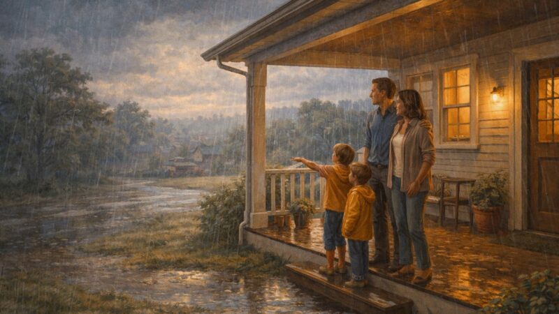 A family standing safely under a farmhouse porch during a steady summer rainstorm, watching the rain fall over fields while warm light glows from inside the house.