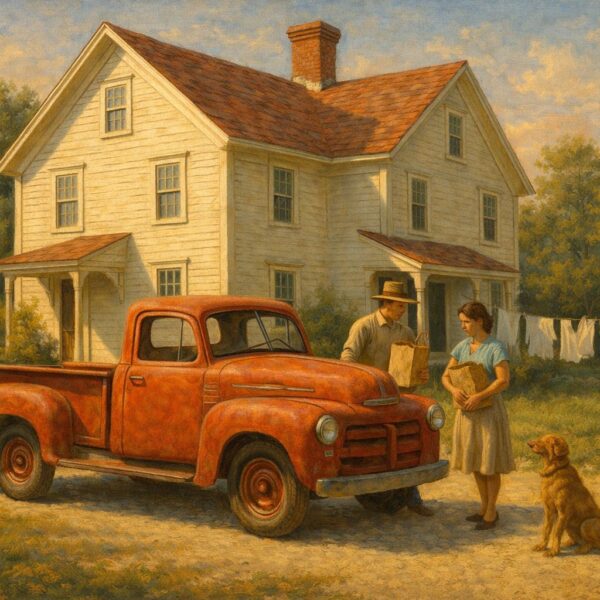 A man and woman unload paper grocery bags beside a vintage red pickup truck in front of a white farmhouse, with a dog sitting nearby on a warm afternoon.
