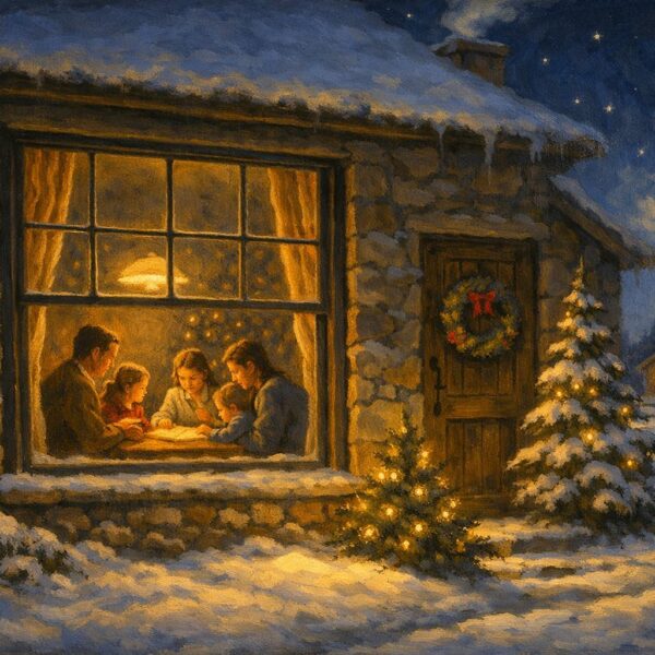 A family gathered around a wooden table inside a warmly lit farmhouse window on a snowy winter night, with a small evergreen tree glowing outside.