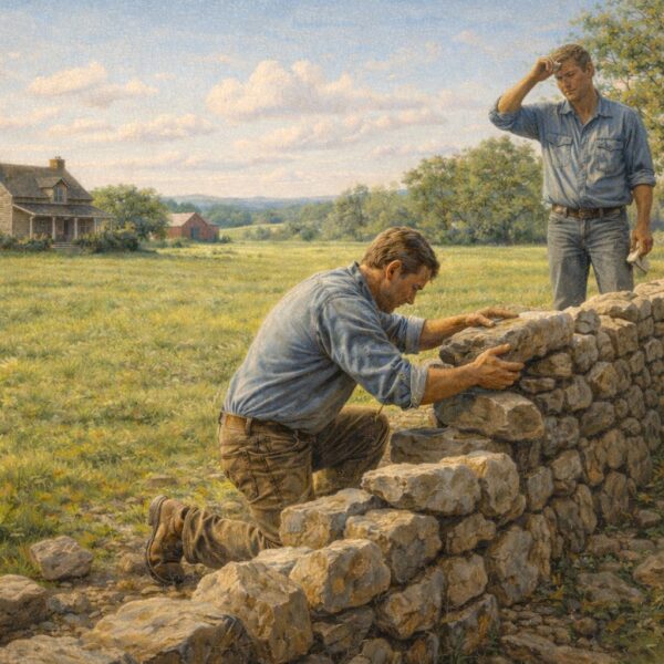 One worker kneeling to set a fieldstone in place while another stands behind him wiping his brow in a late spring field near a farmhouse.